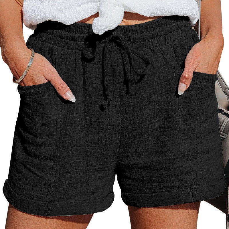 European And American Cross-border New Summer Women's Clothing Amazon Wish High-Waisted Belted Loose Wide-Leg Short Pants For Women