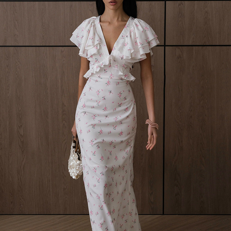 V-neck Ruffled Hemline Slim-fit Maxi Dress