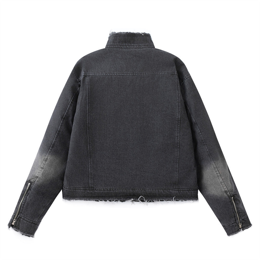 Washing Gradient Frayed Hem Denim Jacket Thickening