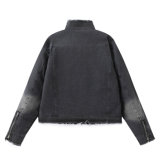 Washing Gradient Frayed Hem Denim Jacket Thickening