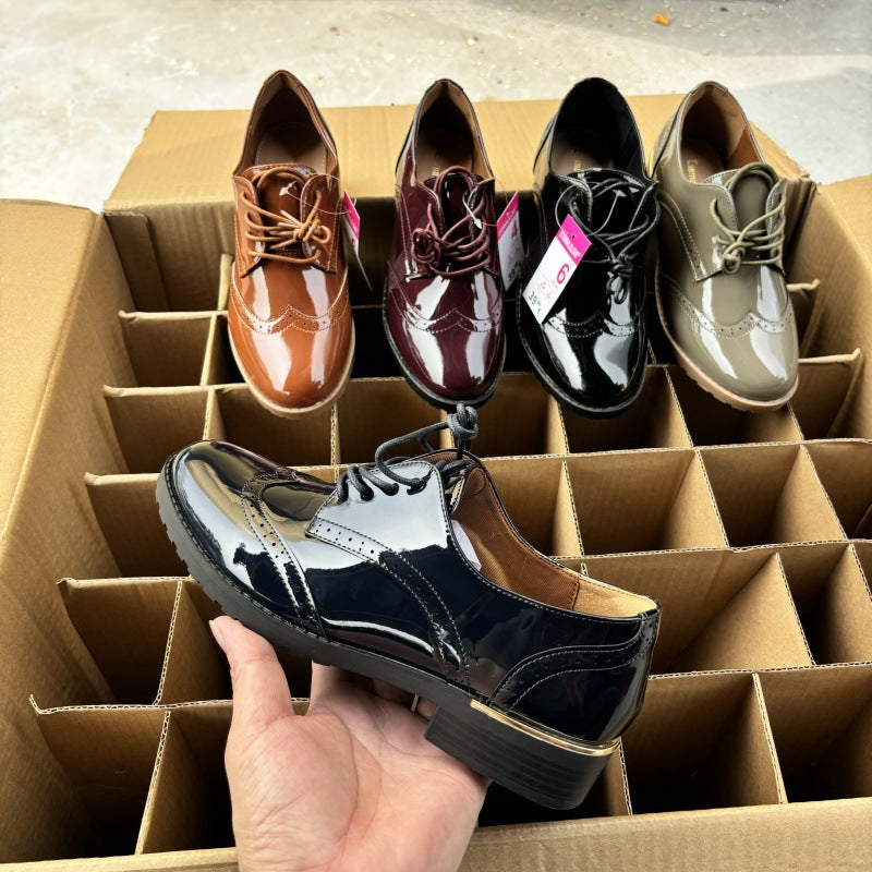 Women's Simple British Style Drawstring Patchwork Glossy Leather Shoes