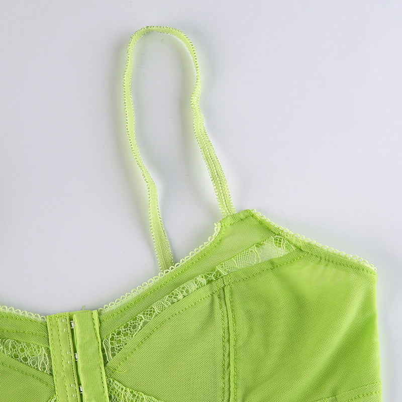 Lace Mesh Vest With Lowcut Vneck Hook Buckle Irregular Bottoming Small Sling