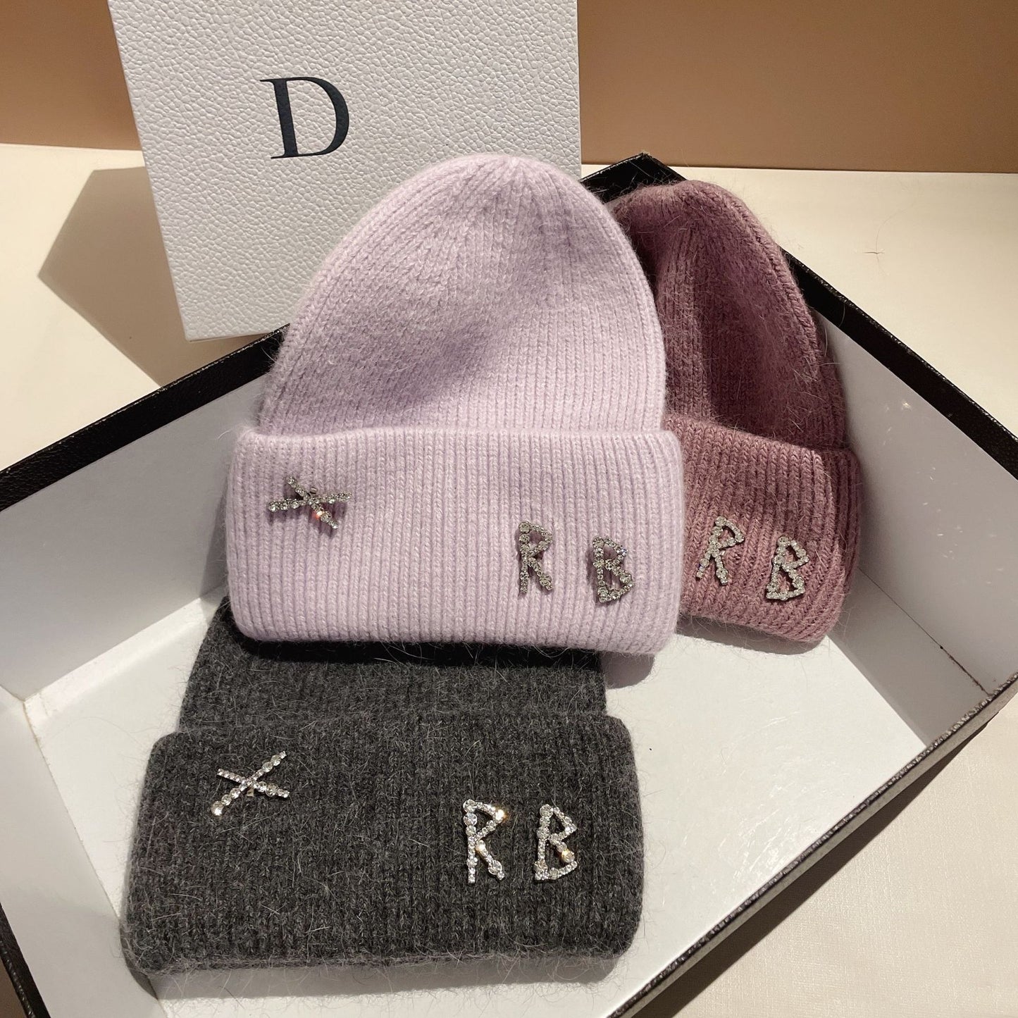 Winter RB Letter Fashion Rabbit Fur Knitted Warm Hat Female