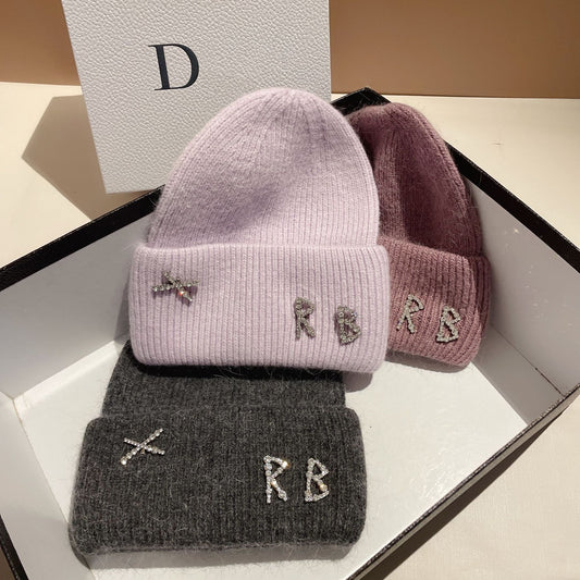 Winter RB Letter Fashion Rabbit Fur Knitted Warm Hat Female