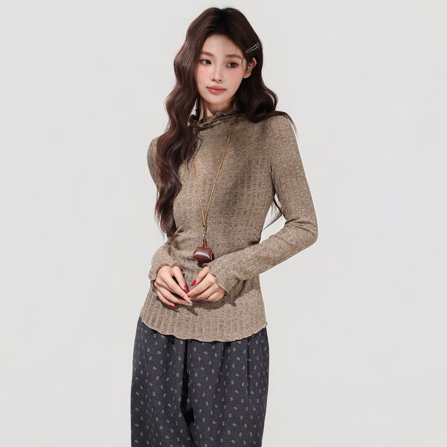 Women's Brown Semi-high Neck Ruffled Waist-cinching Long-sleeved Base Shirt