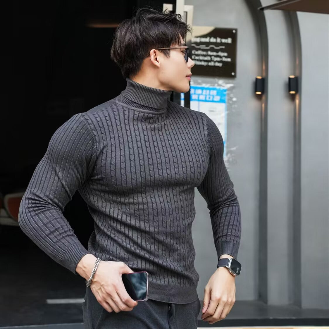 Men's High-neck Slim-fit Solid Color Twisted Knit Sweater