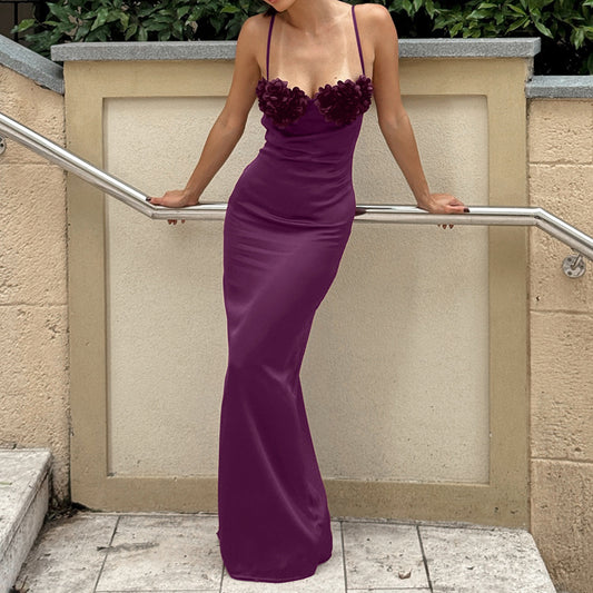 Purple Rose Sexy Chic Elegant Backless Satin Bodycon Slip Dress For Women
