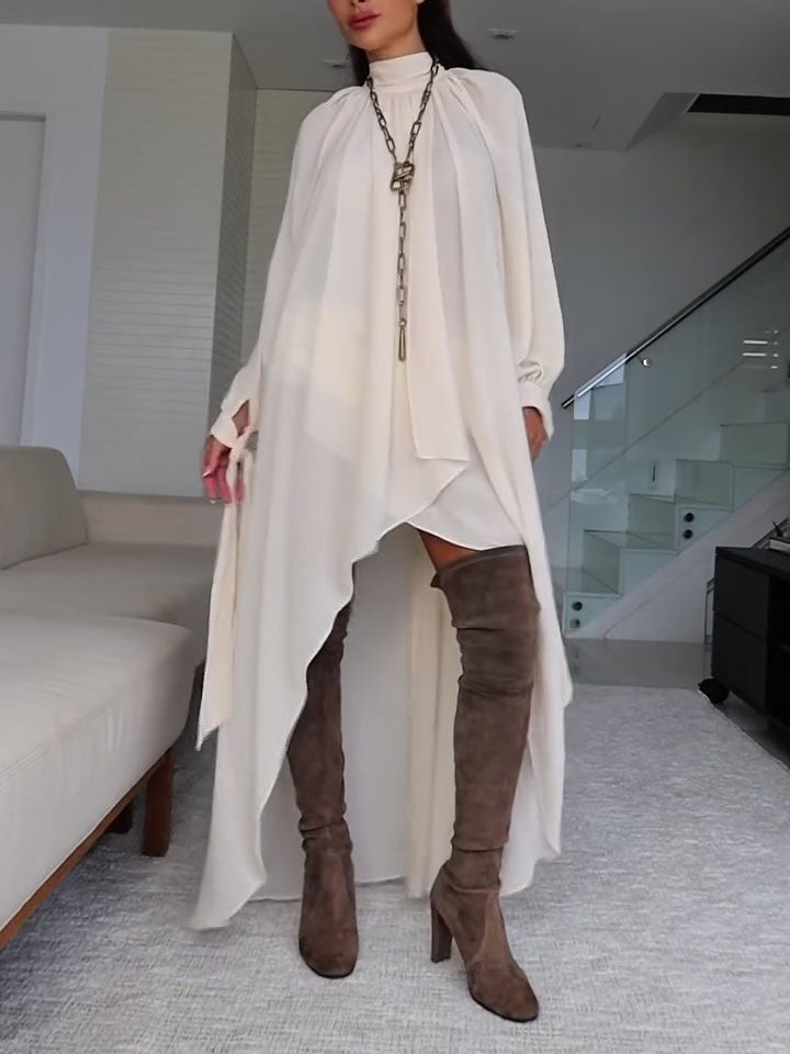 Ivory Turtleneck Asymmetric High-Low Cape Maxi Dress