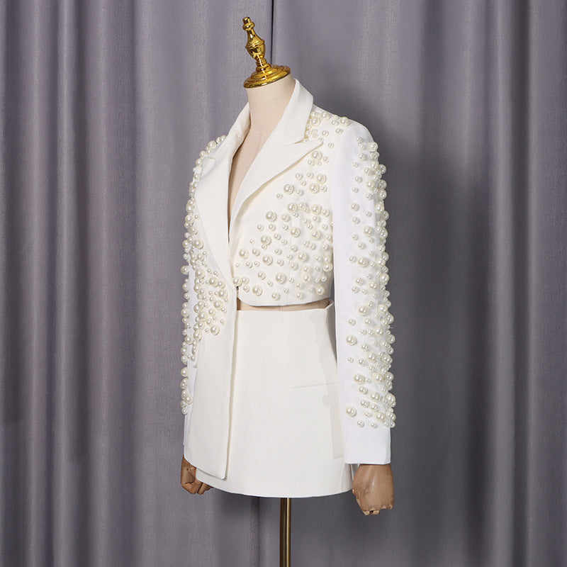 Two Piece Formal Suit Womens Hand Stitched Pearl Blazer And Skirt Set