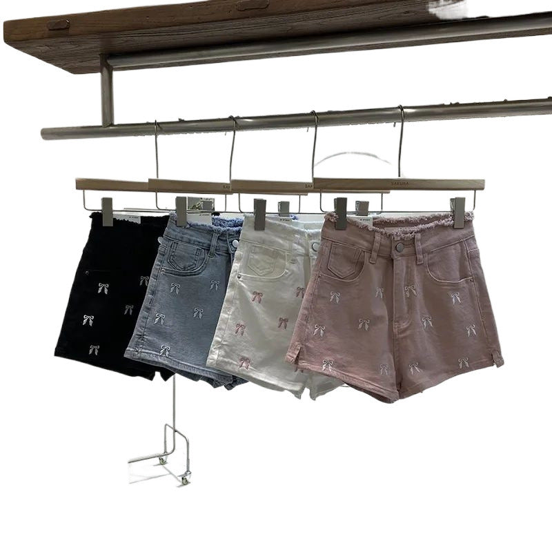 Slim Fit Burrs High Waist Denim Hot Pants Women's Summer Wide Leg Shorts