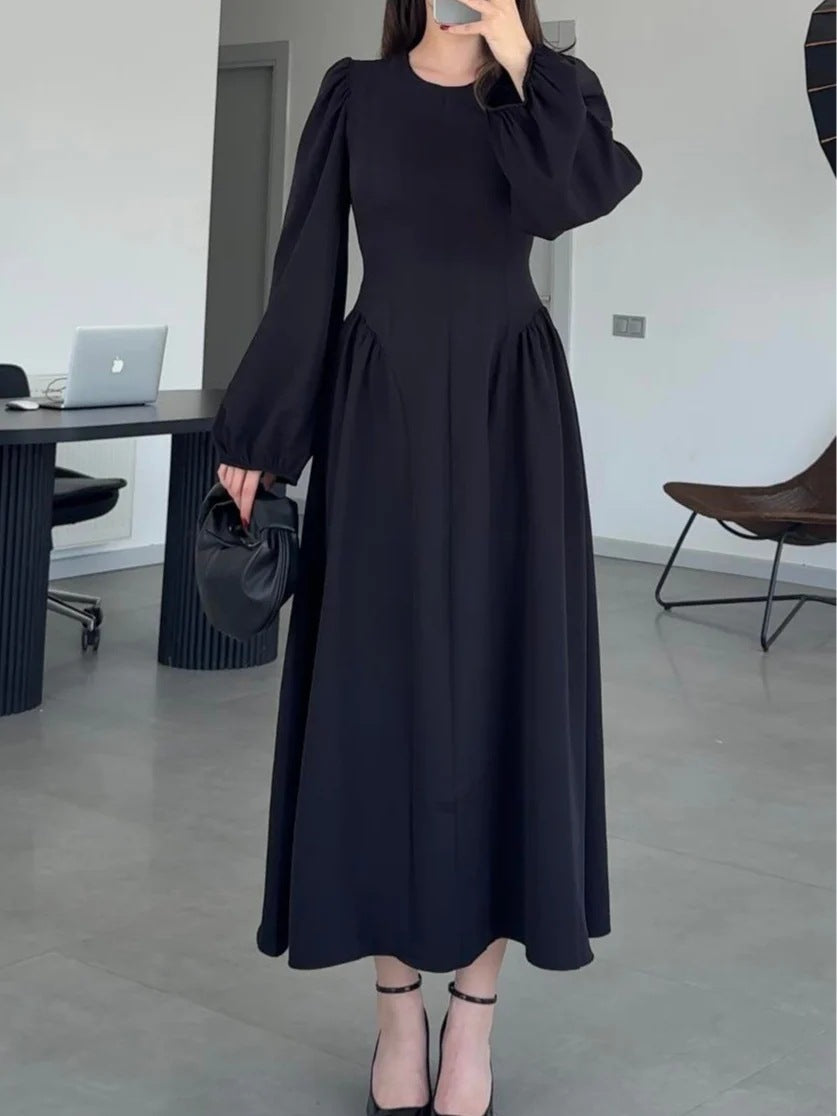 Long-sleeve Flared Waist-cinched Elegant Dress
