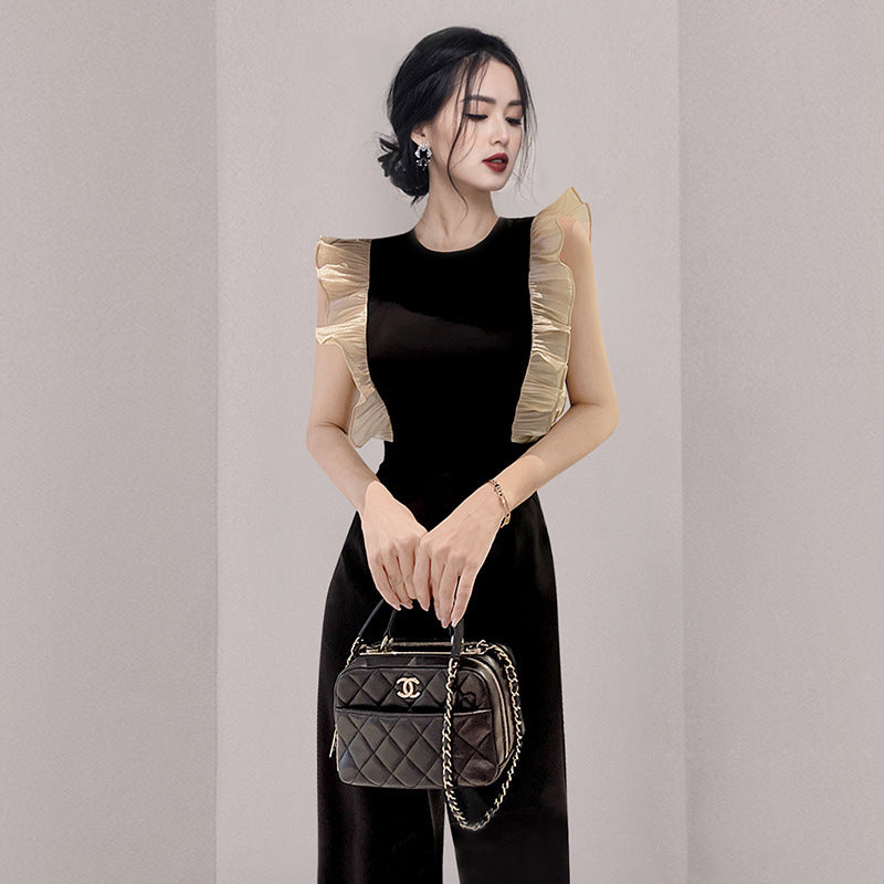 Women's High Waist Slim Wood Ear Stitching Wide Leg Pants
