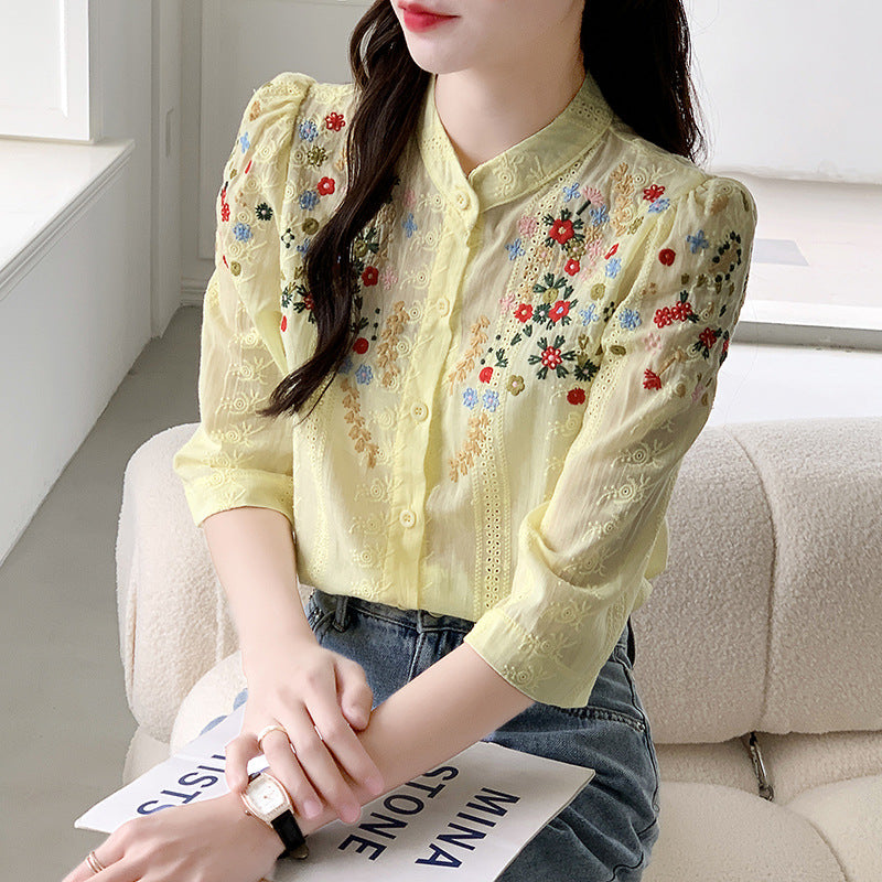 Women's Shirt Vintage Embroidered Jacquard Shirt Fresh Romantic Gentle Stand-up