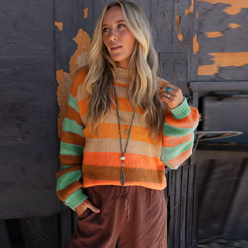 Women's Creative Striped Pullover Round Neck Long Sleeves Sweater