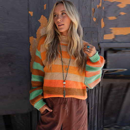 Women's Creative Striped Pullover Round Neck Long Sleeves Sweater