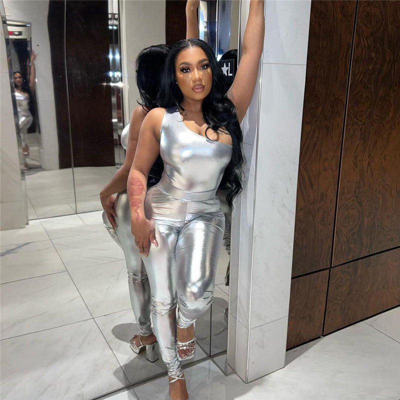 Summer Womens Sexy Glossy One-shoulder Outfit