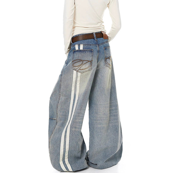 Womens Retro Washed Distressed Wide-Leg Denim Jeans In American Style
