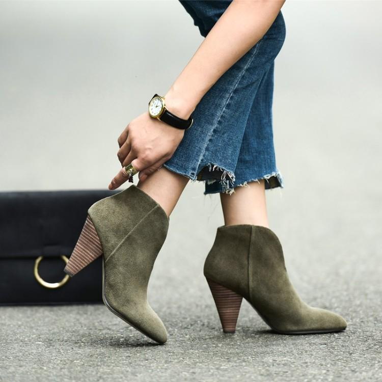 Vintage V-mouth Boots Dark Green Frosted Leather