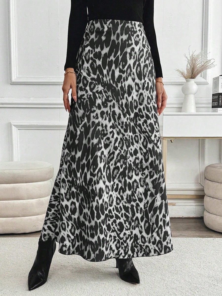 Slimming Leopard Print Skirt High-waisted Loose Long Dress With Print