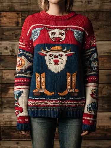 3D Digital-Print Womens Crew-Neck Loose Retro Jacquard Pullover Sweater