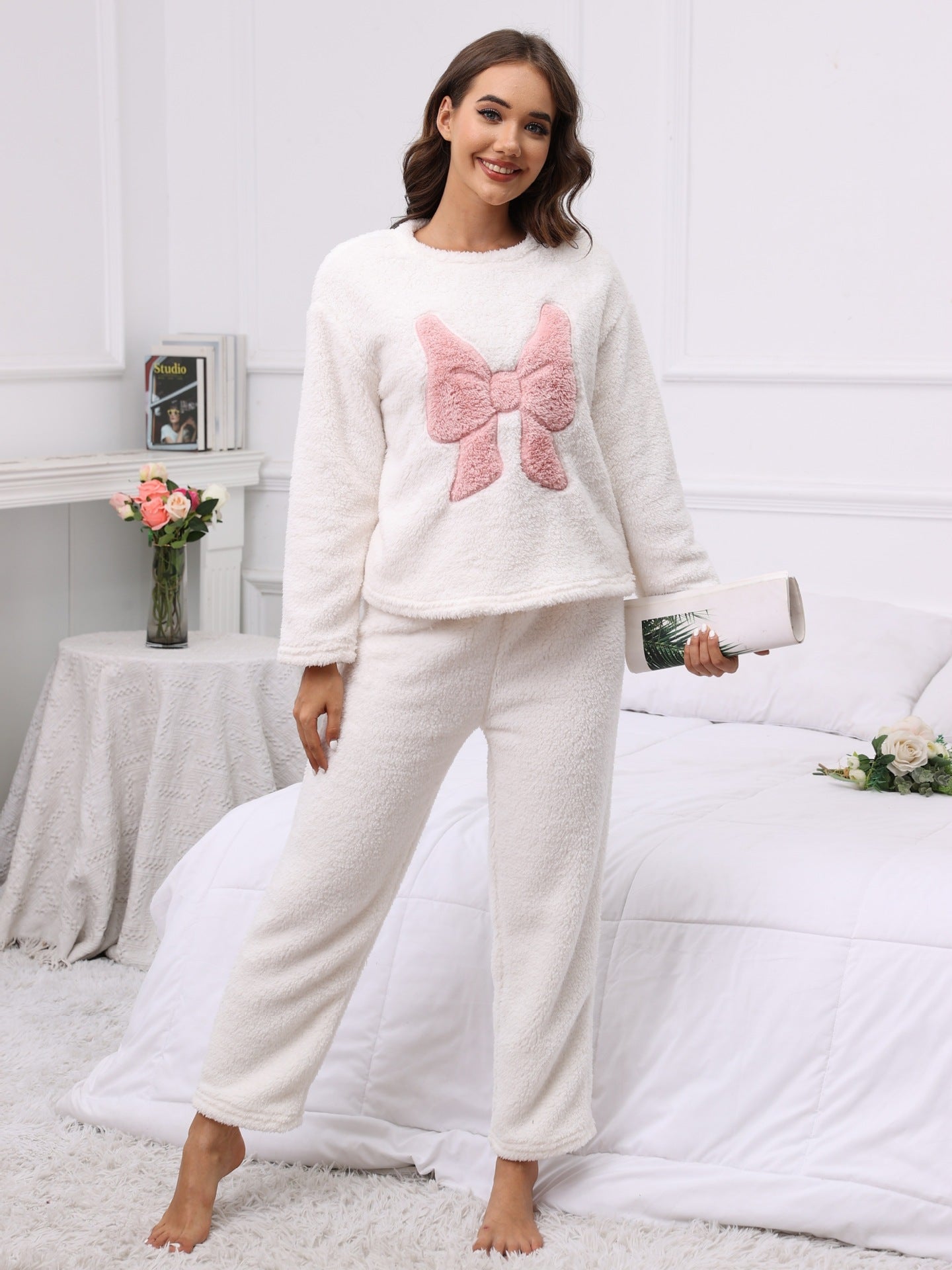 Embroidered Bow Long-sleeved Pants Two-piece Set For Casual Home Wear