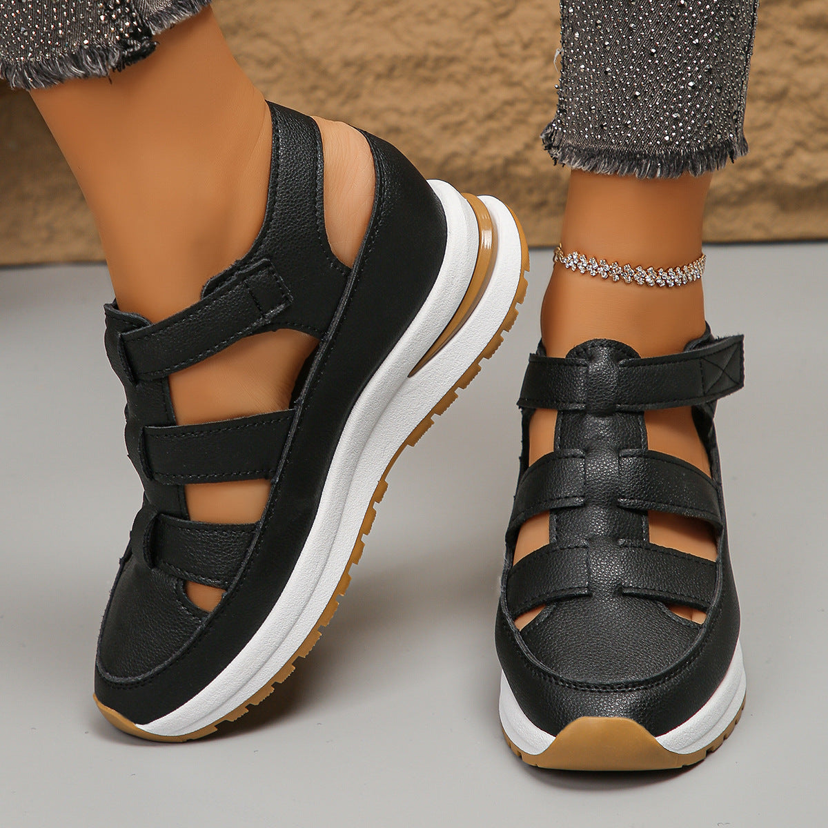 Wedge Sandals Closed Toe Hollow Breathable Thick Bottom Velcro Women