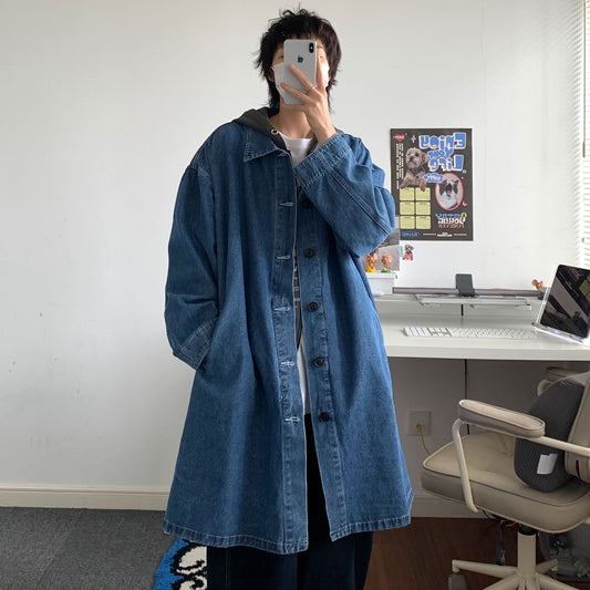 Denim Trenchcoat Koreansk Stil Bær Temperament Mellemlang Længde