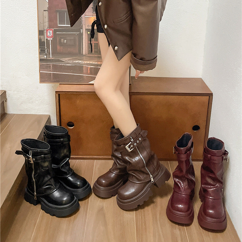 Autumn And Winter British Style Retro Denim Western Knight Boots Small Raise The Bottom Chunky Heel