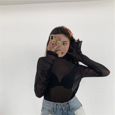 Mesh Bottoming Shirt Candy Color Cascading Collar Long Sleeve T-shirt