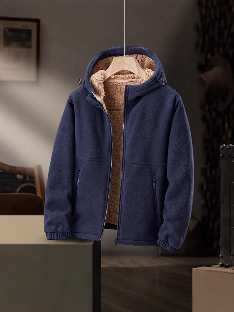 Men's Fleece Casual Hooded Lamb Wool Thickened Warm Cardigan Coat