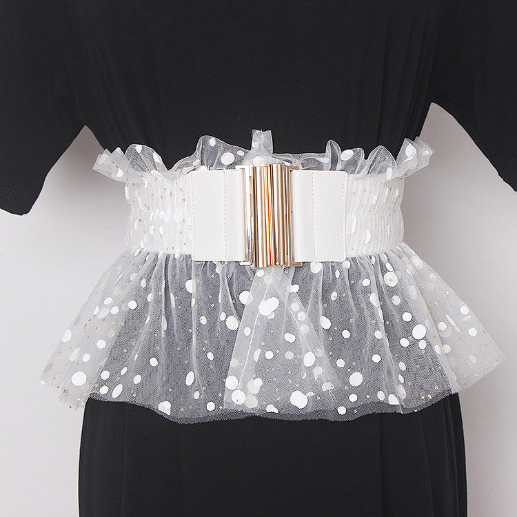Glitter Polka Dot Mesh Pleated Elastic Waist Metal Double Buckle Wide Belt Girdle