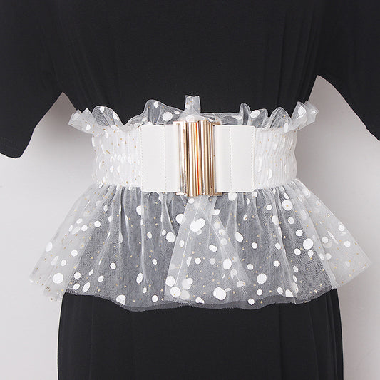 Glitter Polka Dot Mesh Pleated Elastic Waist Metal Double Buckle Wide Belt Girdle