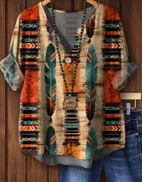 Women's Retro Aztec Feather Art Print Casual Cotton Linen Shirt