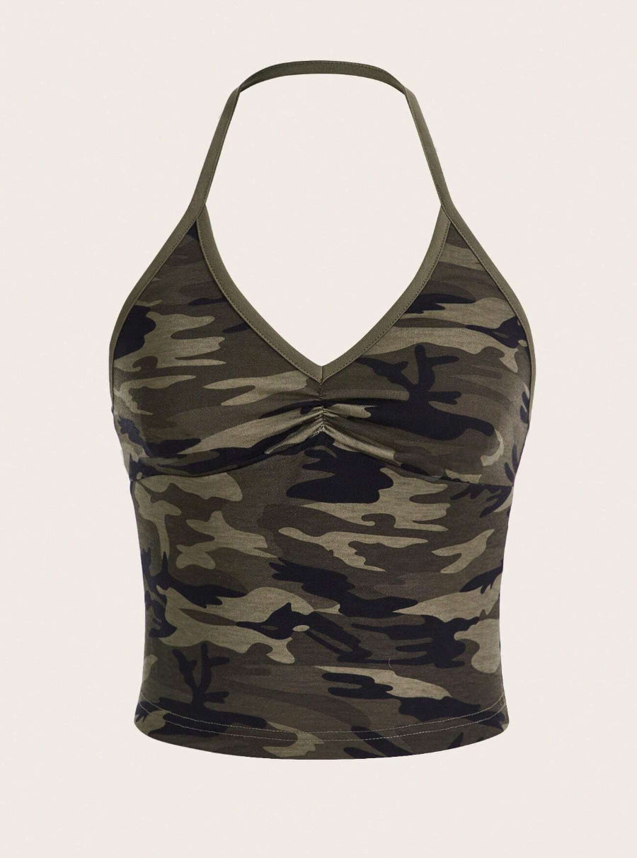 Camouflage V-neck Sleeveless Backless Slim Fit Slimming And Short Vest