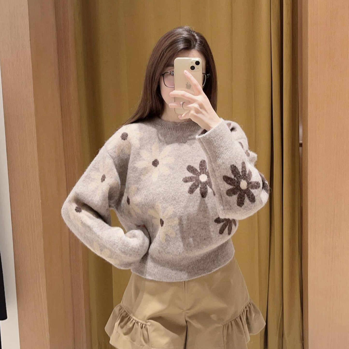 French Style Color-contrasting Pattern Round Neck Wool Sweater