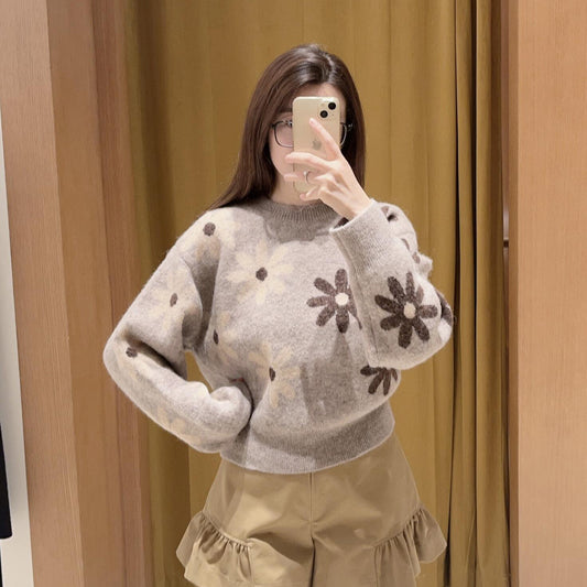 French Style Color-contrasting Pattern Round Neck Wool Sweater