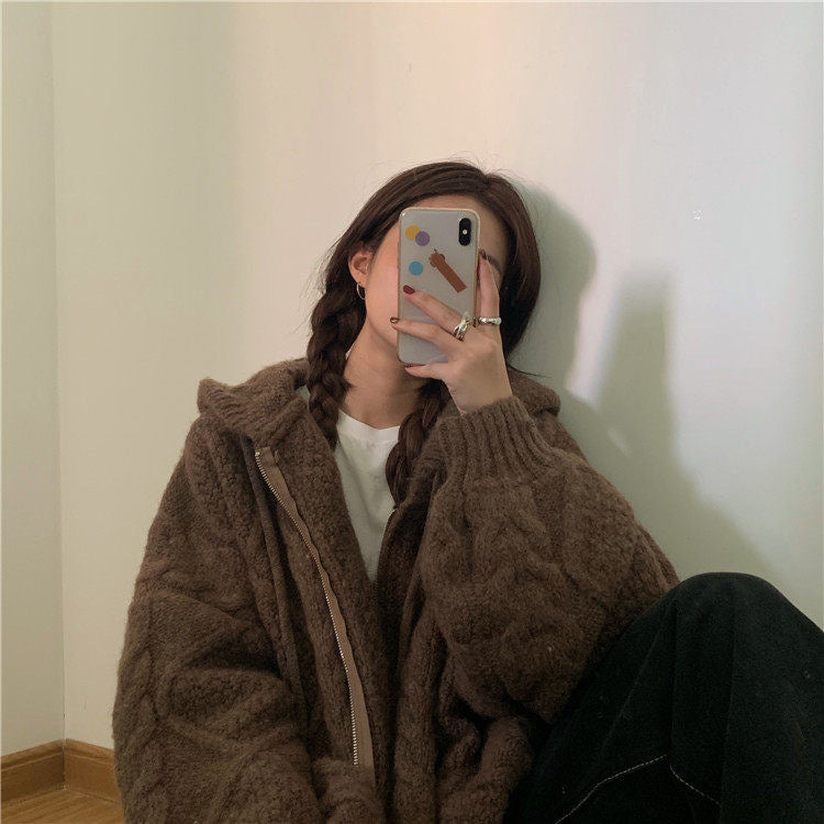 Hooded Knit Cardigan Coat Women's Spring And Autumn Twist Zipper