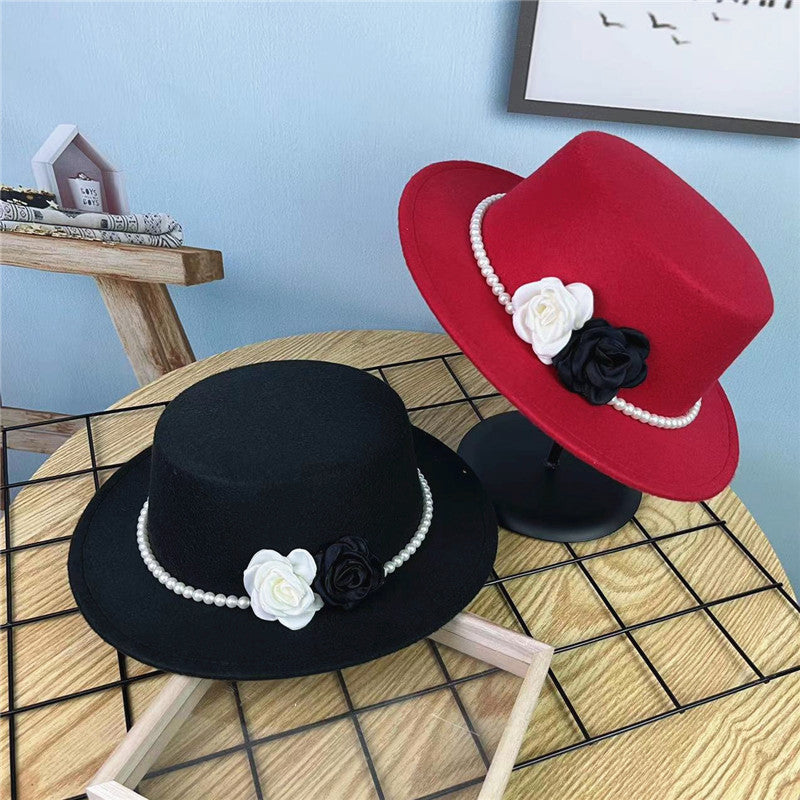 Vintage Hattedame Perlekæde Blomster Uld Flad Hat