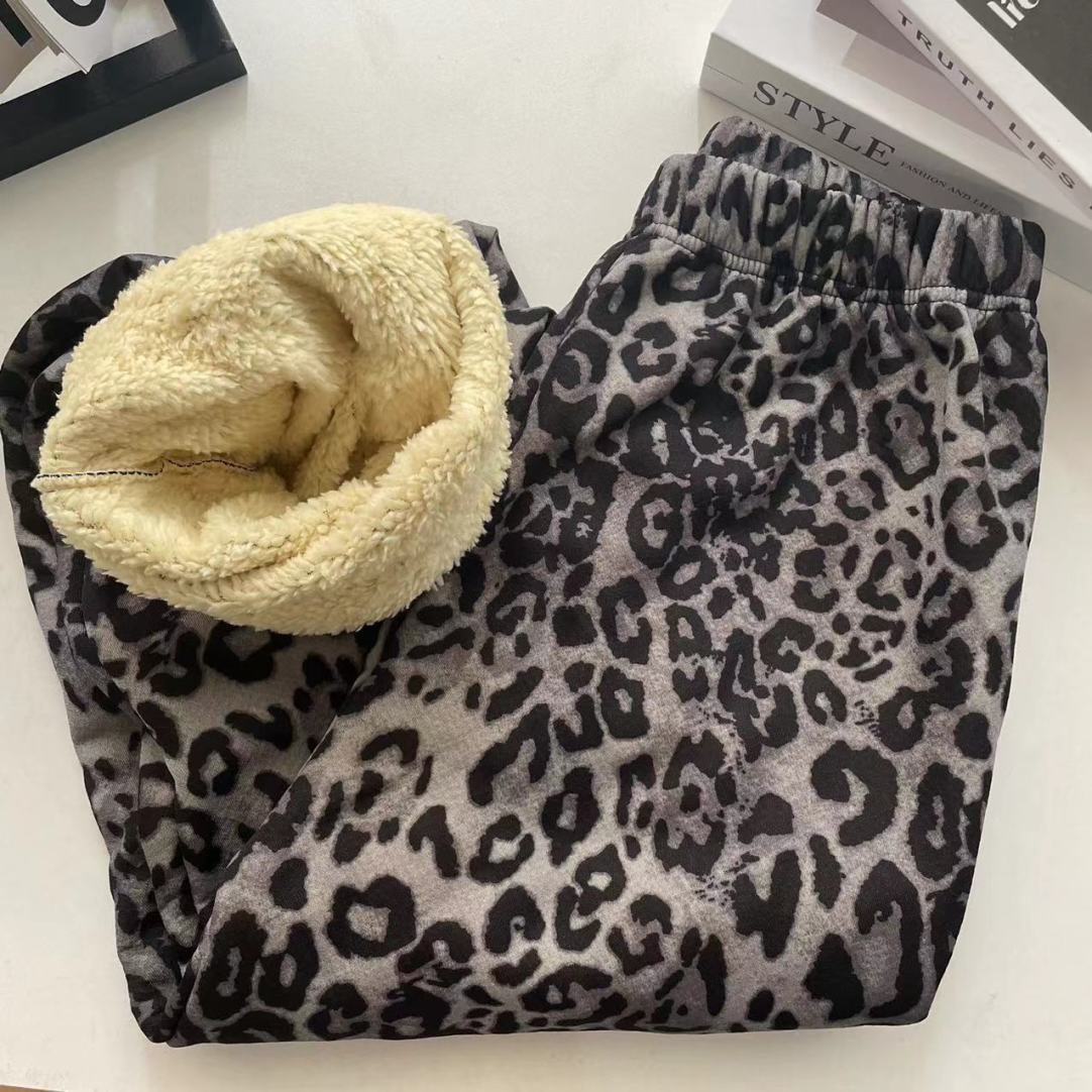 Winter Christmas Leopard-Print Shearling Plaid Pants