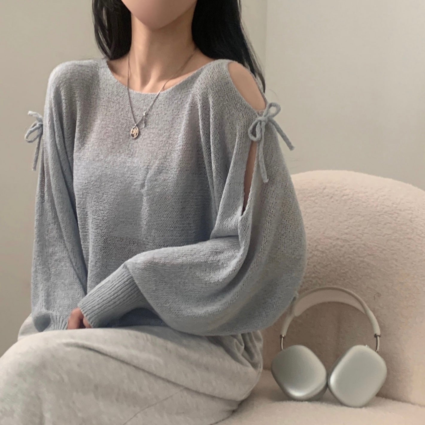 Lace-up Cutout Off-shoulder Loose Sun Protection Sweater Top