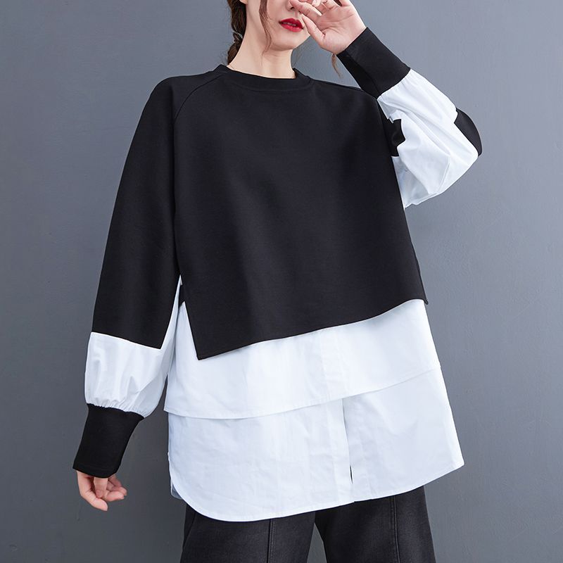 Efterår Og Vinter Ny Fake Todelt Kontrastfarvet Stikning Sweatshirt