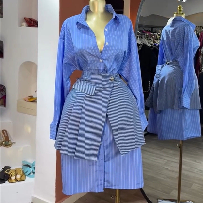 Turn-down Collar Blue Striped Long-sleeve Shirt And Waist-cinching Casual Set