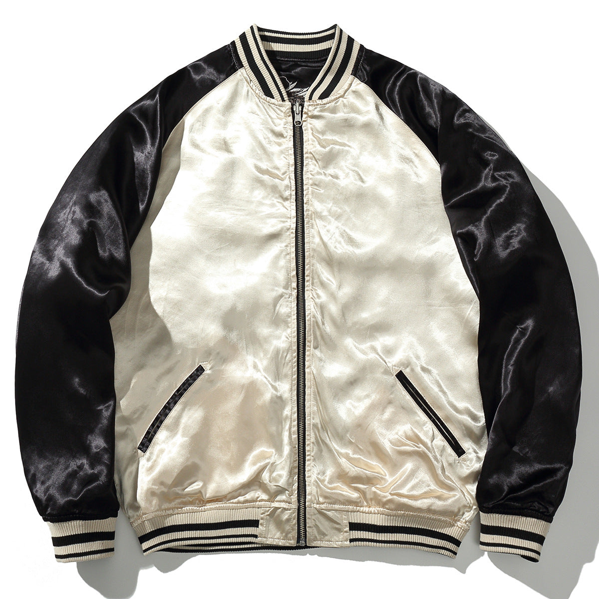 Reversible Casual Embroidered Baseball Jacket With A Double Dragon And Pearl Design