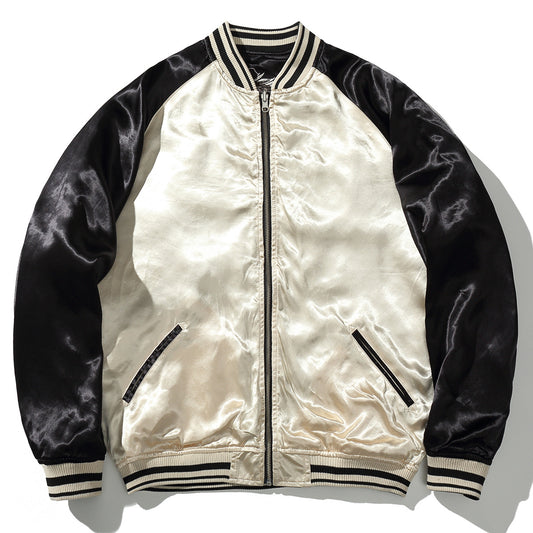 Reversible Casual Embroidered Baseball Jacket With A Double Dragon And Pearl Design