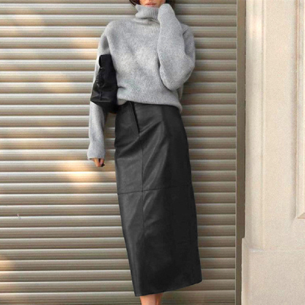 French Commuter Black PU Leather Skirt High-grade Split Straight Skirt
