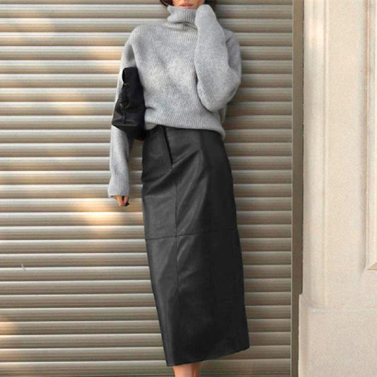 French Commuter Black PU Leather Skirt High-grade Split Straight Skirt
