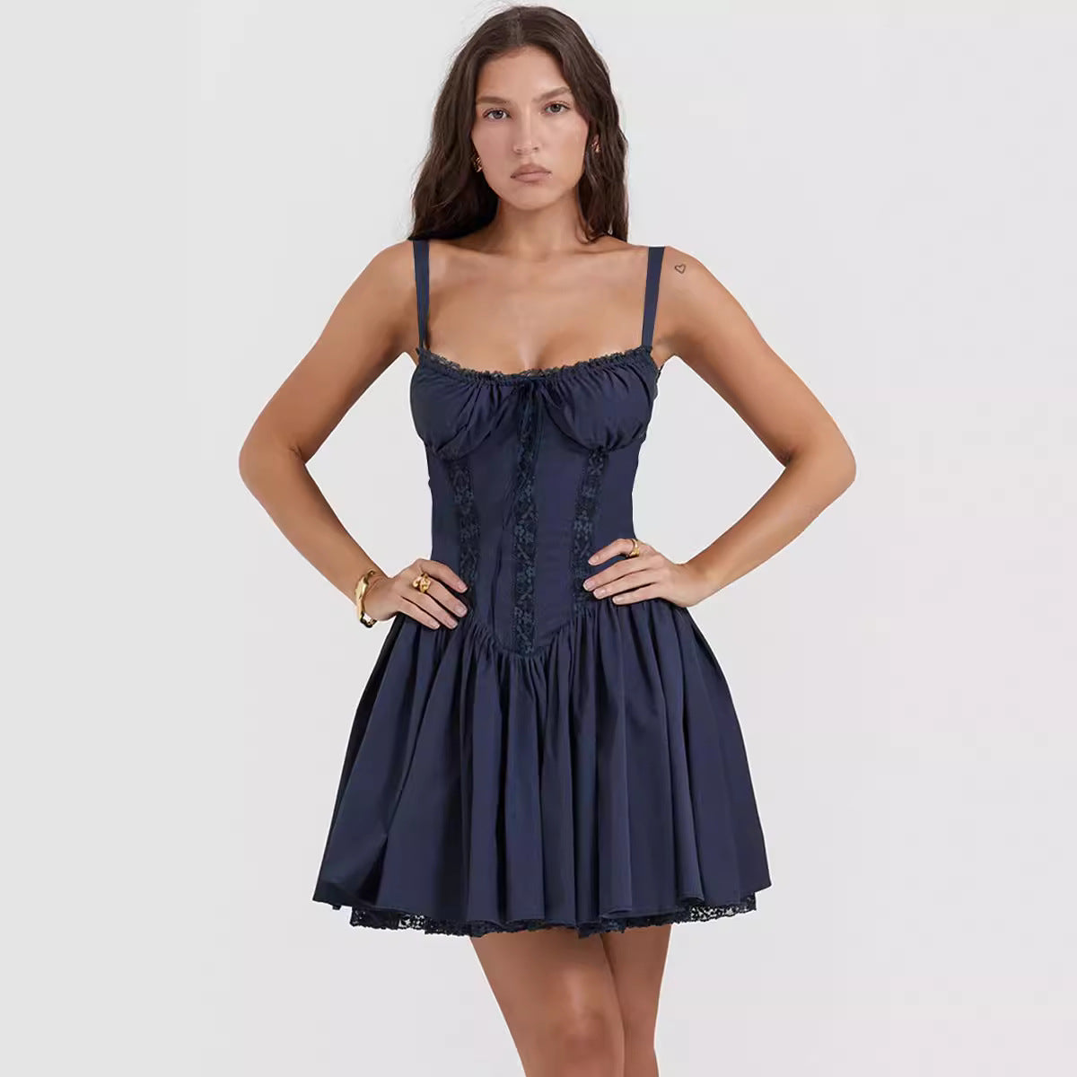 Lace-panelled Cinched-strapped Mini Dress For Women
