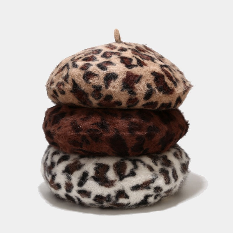 Rabbit Fur Beret Print Leopard Painter Hat Warm Bud