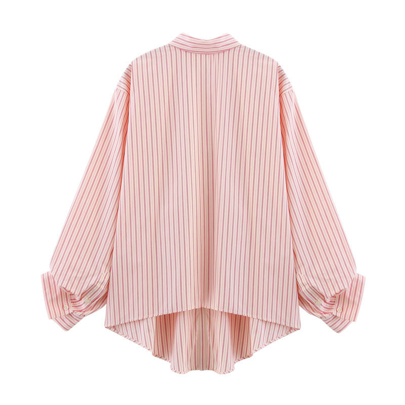 Oumeitong Diligent Style Loose All-matching Striped Lapel Long Sleeve Shirt