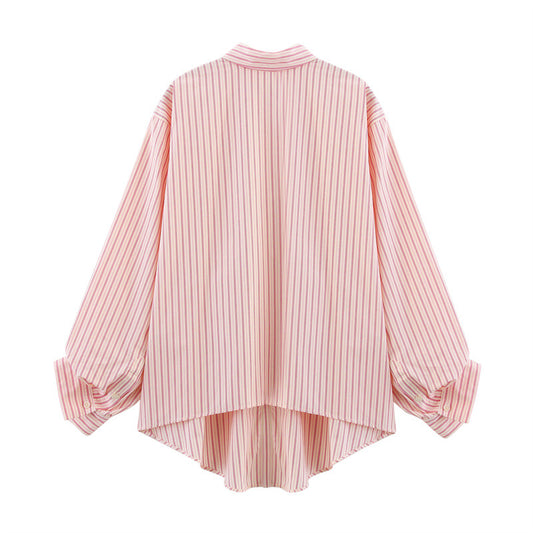 Oumeitong Diligent Style Loose All-matching Striped Lapel Long Sleeve Shirt
